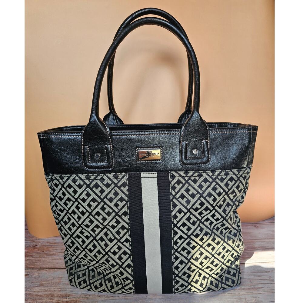 Y2K Tommy Hilfiger Monogram Jacquard Tote Bag Black White Stripe Shoulder Purse